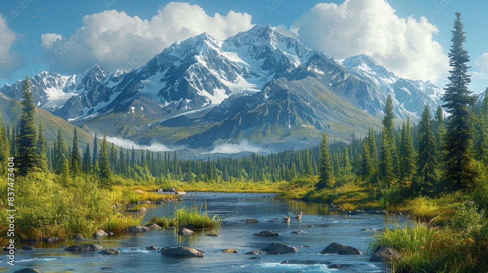 Obraz premium A beautiful mountain landscape with a river running through it