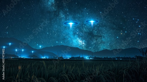 Fleet of UFOs emitting bright lights over a rice field, cosmic sky full of stars creating a dramatic nighttime scene