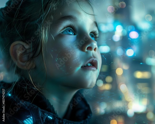 Extraordinary child with telekinetic powers in a modern cityscape, dynamic lighting, futuristic style photo