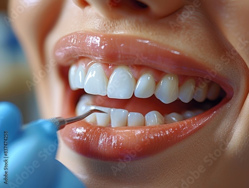 Close-up of a person receiving a dental cleaning, with a focus on the dental scaler and healthy white teeth. Ideal for medical and dental themes.