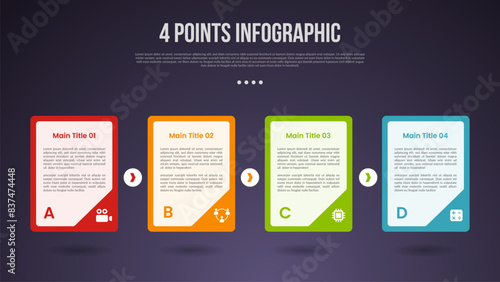 4 points or step process infographic with big container box sharp edge with badge on bottom with modern dark style for slide presentation