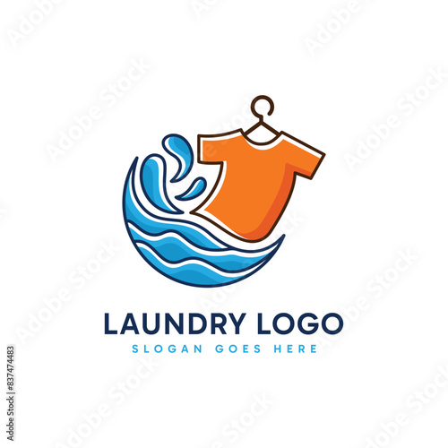 Modern laundry logo design with t-shirt and blue water combination concept. Editable logo design.