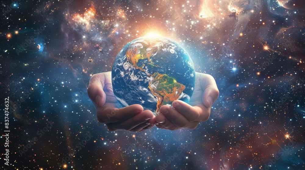 Hands gently lifting Earth, emitting vibrant light, traversing a star-studded cosmic landscape, embodying the blend of human touch and cosmic energy Hands gently lifting Earth, emitting vibrant light, traversing a star-studded cosmic landscape, embodying the blend of human touch and cosmic energy