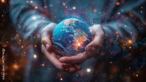 Hands gently lifting Earth, emitting vibrant light, traversing a star-studded cosmic landscape, embodying the blend of human touch and cosmic energy photo