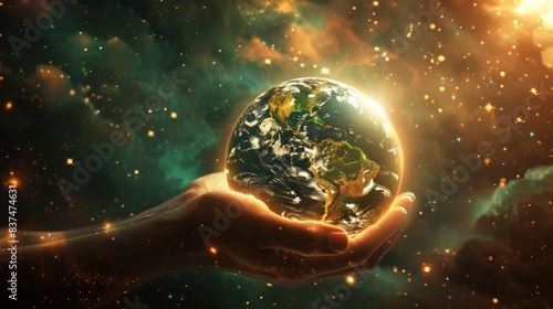 Hands grasping a radiant Earth, surrounded by a dazzling display of stars and cosmic light, depicting the connection between humanity and the universe