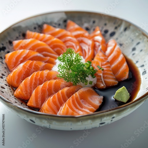 a plate of fresh raw salmon sashimi aesthetically arrange in manner that shows freshness and quality.