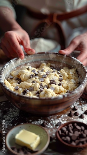 A bowl of chocolate chip cookie dough in a messy kitchen surrounded by ingredients. 