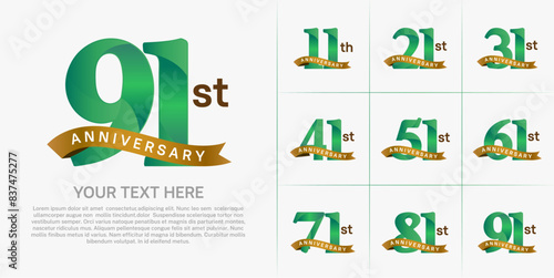 anniversary logotype set vector, green color and gold ribbon for special day celebration