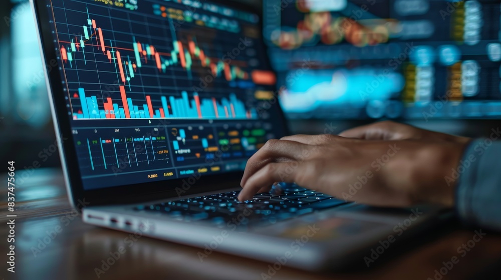 A person is typing on a laptop with a screen displaying financial data. The person appears to be focused on the screen, possibly working on a financial report or analyzing market trends A person is typing on a laptop with a screen displaying financial data. The person appears to be focused on the screen, possibly working on a financial report or analyzing market trends