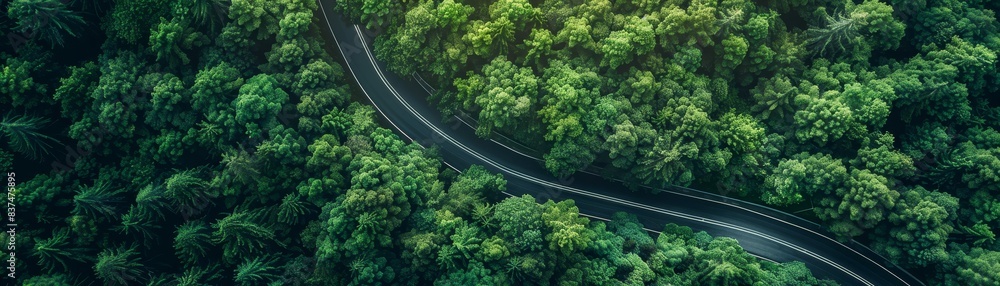 A winding road through a forest with trees on both sides A winding road through a forest with trees on both sides