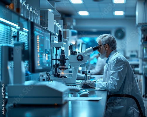 Scientist working with a microscope in a laboratory. Researcher analyzing samples in a modern lab setting with advanced instruments. photo