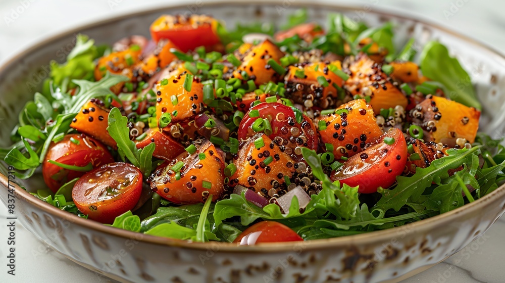A warm, hearty salad with roasted vegetables, quinoa, and a light olive oil dressing, set against a white background, highly detailed A warm, hearty salad with roasted vegetables, quinoa, and a light olive oil dressing, set against a white background, highly detailed