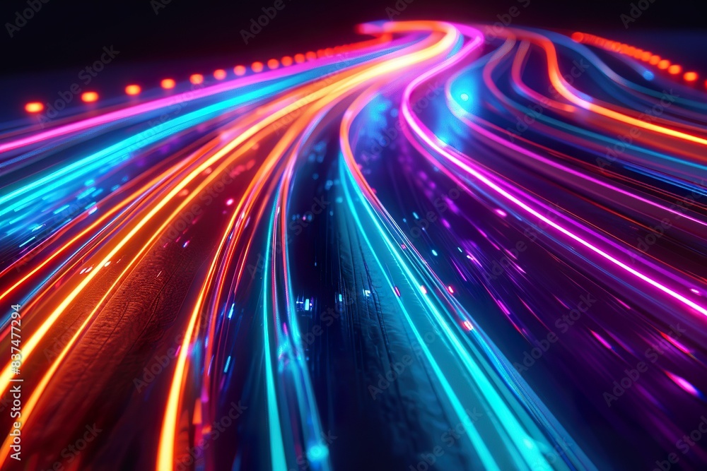 3D Render, Colorful Speed neon light trail on dark background, abstract motion curve light beam of fast moving, technology concept