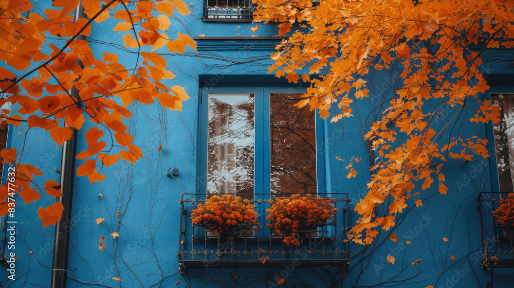 Orange leaves encircle a tree near a blue-windowed building Orange leaves encircle a tree near a blue-windowed building