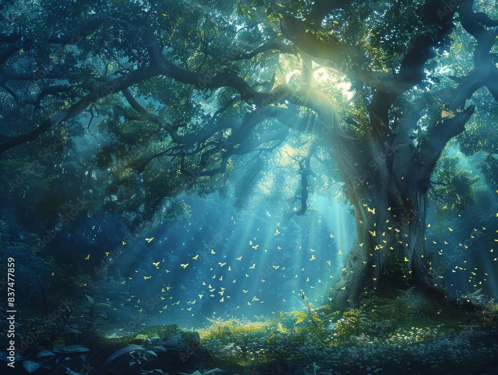 Fototapeta premium An ancient forest illuminated by a magical tree's radiant glow, as mystical beings prepare for the Enchanted Forest Countdown