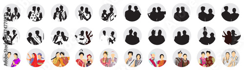 indian traditional people dress silhouette set avatar profile