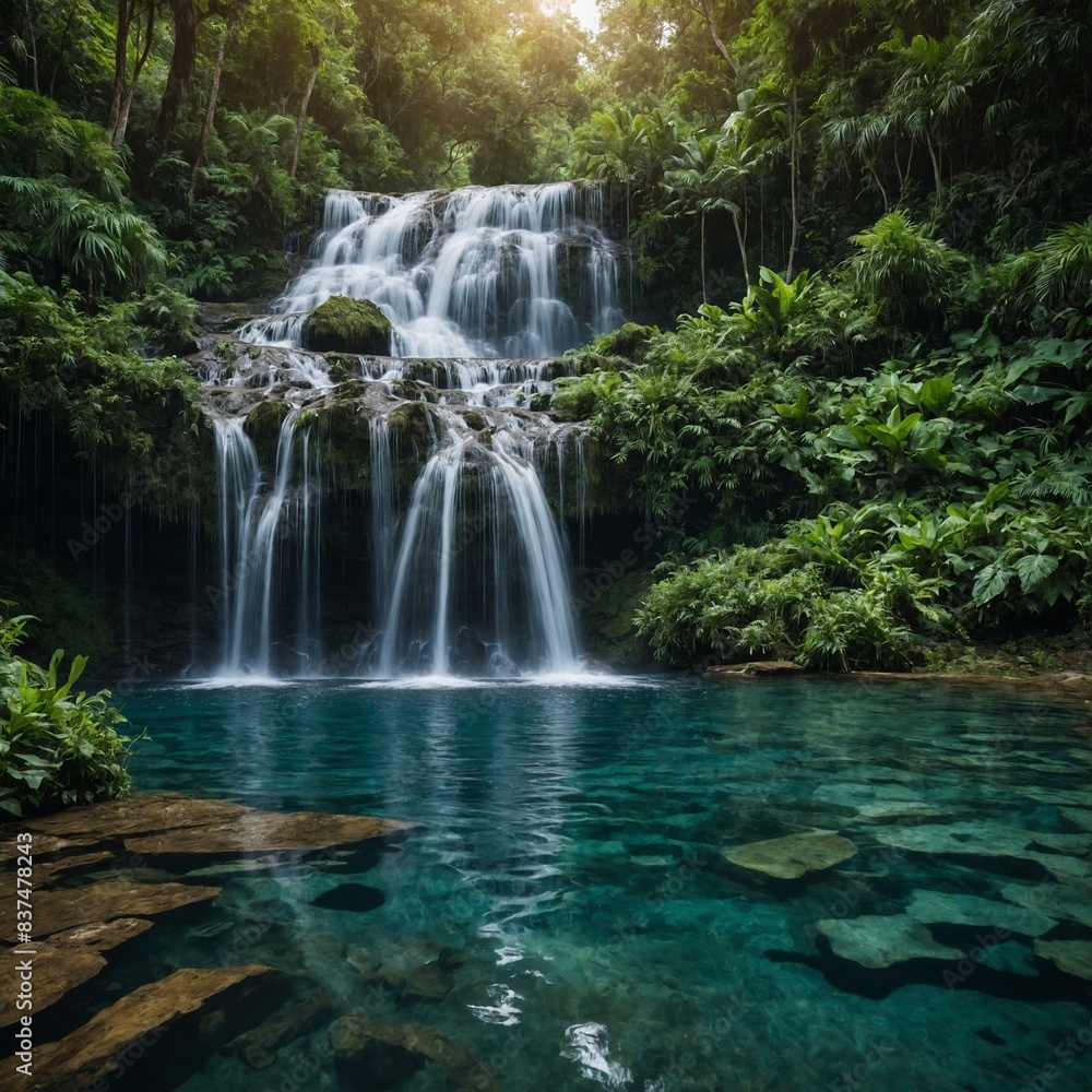 Fototapeta premium A majestic waterfall cascading into a crystal-clear pool surrounded by lush greenery.