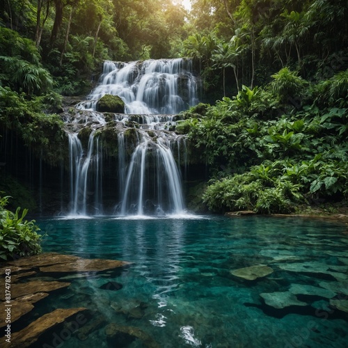 A majestic waterfall cascading into a crystal-clear pool surrounded by lush greenery.