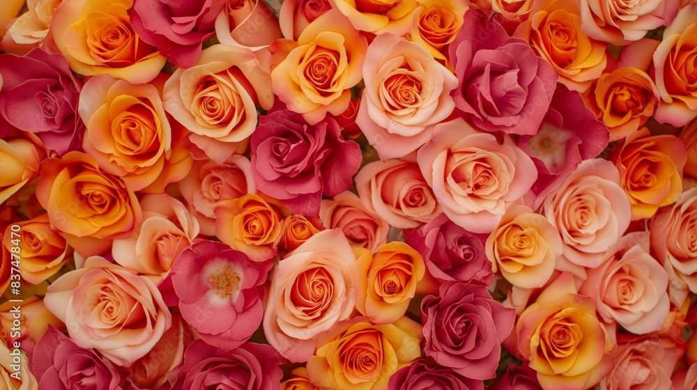 Vivid display of multicolored roses with shades of pink, orange, and red creating a lush floral tapestry Vivid display of multicolored roses with shades of pink, orange, and red creating a lush floral tapestry
