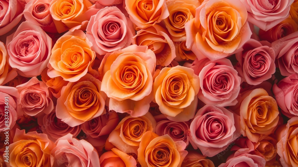 Beautifully arranged pink and orange roses in full bloom creating a vibrant floral pattern Beautifully arranged pink and orange roses in full bloom creating a vibrant floral pattern