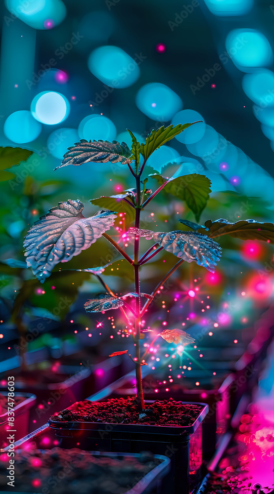 Young plant growing in a high-tech environment with glowing digital effects, symbolizing innovative agriculture and IoT integration. Ideal for content on technology, smart farming, Young plant growing in a high-tech environment with glowing digital effects, symbolizing innovative agriculture and IoT integration. Ideal for content on technology, smart farming,