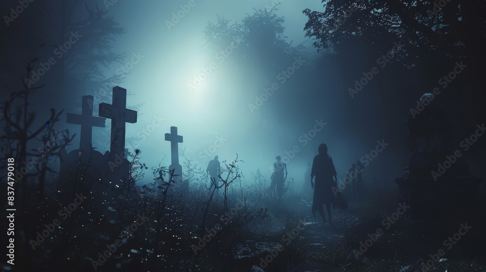 Dark, foggy night with skeletons dancing in the shadows of an ancient, cursed cemetery, eerie lighting casting creepy silhouettes Dark, foggy night with skeletons dancing in the shadows of an ancient, cursed cemetery, eerie lighting casting creepy silhouettes