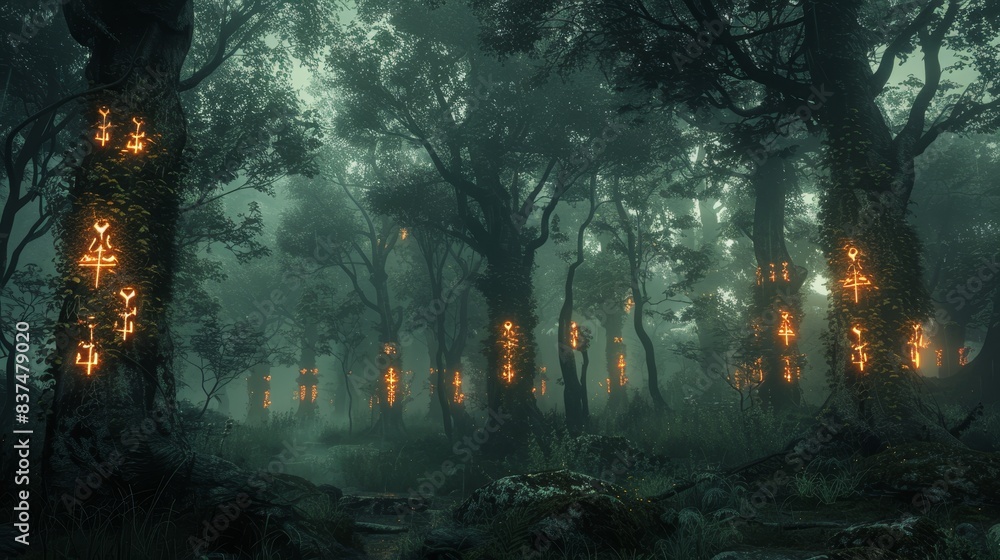 Dark forest with trees marked by ancient runes, their glowing symbols revealing hidden stories, bathed in an eerie, mystical glow