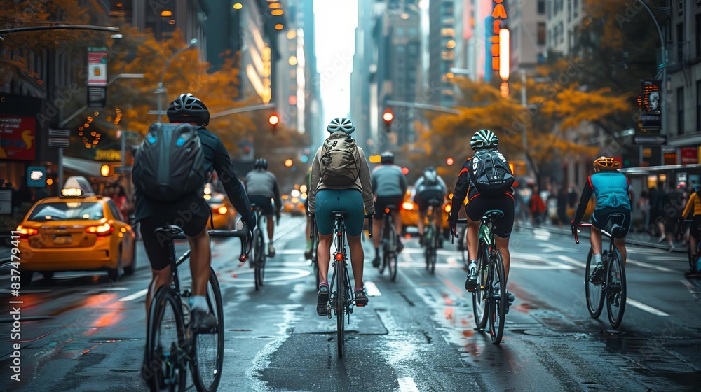 A group of cyclists rode down a corrugated street in New York City A group of cyclists rode down a corrugated street in New York City