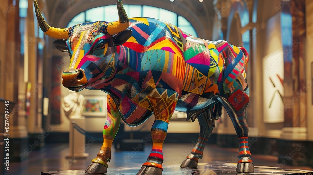 Energetic bull sculpture adorned with fashionable, colorful geometric patterns, displayed in 3D, set against a stylish museum backdrop