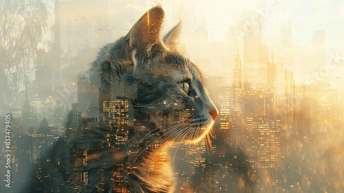 A double exposure of an American shorthair cat and old town in the background