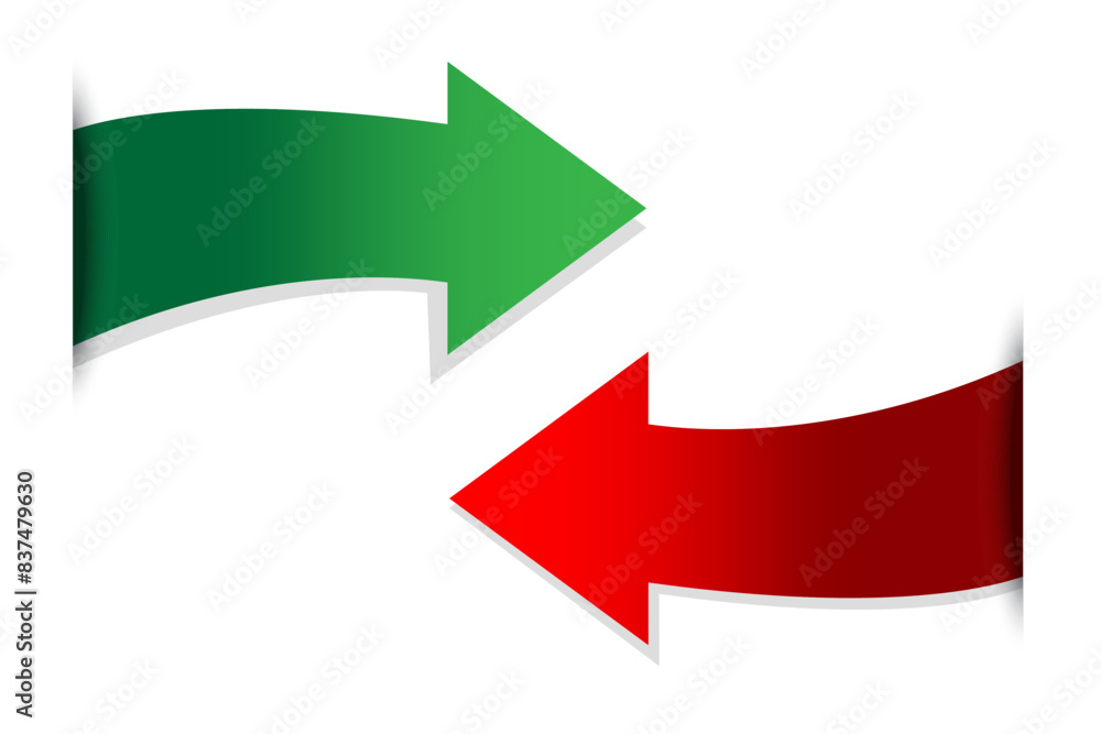 Red and green arrows. Gradient fill. Opposite directions. Vector illustration. Red and green arrows. Gradient fill. Opposite directions. Vector illustration.