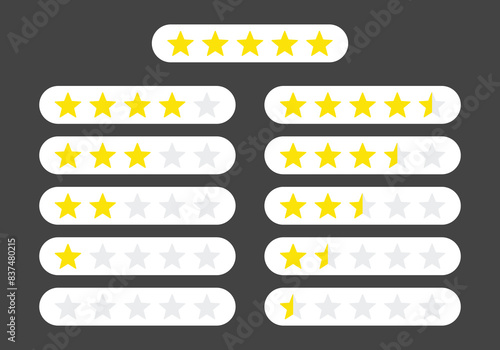 Golden product rating stars customer review set collection. Graphic symbol flat design interface illustration elements for app ui ux web banner button vector isolated on white background