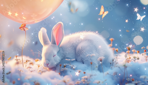 Baby Rabbit Sleeping On Balloon Surrounded By Stars And Butterflies In An Illustration Of Serenity And Peaceful Dreams. photo