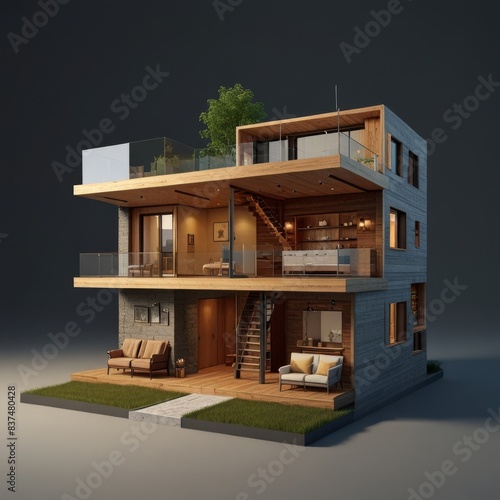 Modern home cross section, 3d rendering minimalist © De Lune Studio