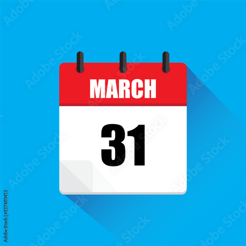 March 31 calendar. Red and white. Blue background. Vector illustration.