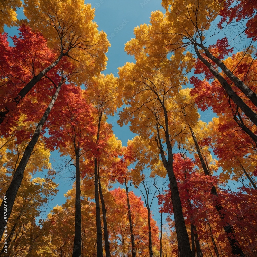 A vibrant autumn forest with leaves in shades of red, orange, and yellow under a clear sky.
A vibrant autumn forest with leaves in shades of red, orange, and yellow under a clear sky.