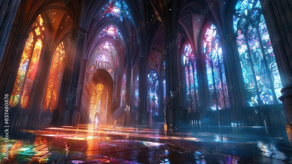 Majestic cathedral adorned with alchemical symbols that seem to dance in the light, stained glass windows casting colorful reflections Majestic cathedral adorned with alchemical symbols that seem to dance in the light, stained glass windows casting colorful reflections