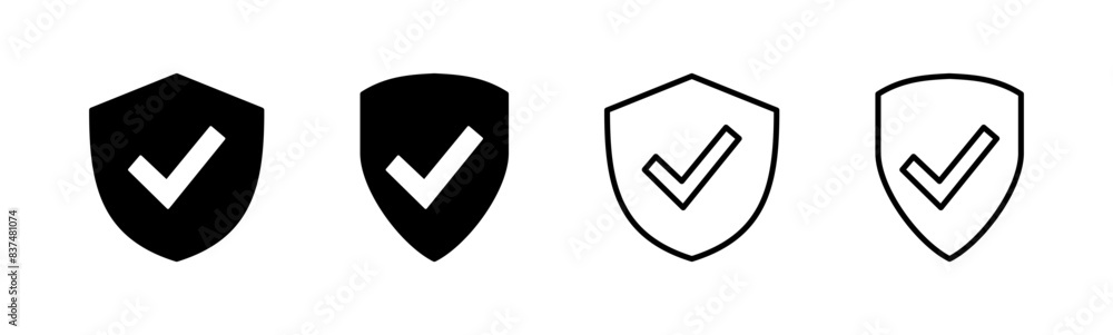Shield check mark icon set. Protection approve sign. Safe icon vector Shield check mark icon set. Protection approve sign. Safe icon vector