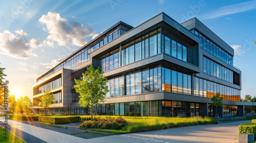 Within the industrial zone and technology park, a prominent modern office edifice stands tall