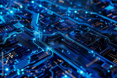 A close up of a computer chip with many blue and black lines