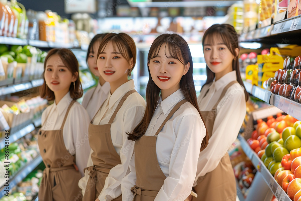 Photography of Korea professional supermarket service staff, stocker and cashier in grocery store.
