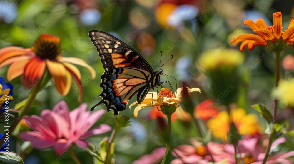 Obraz premium Butterfly Resting on Daisies in Sunlight