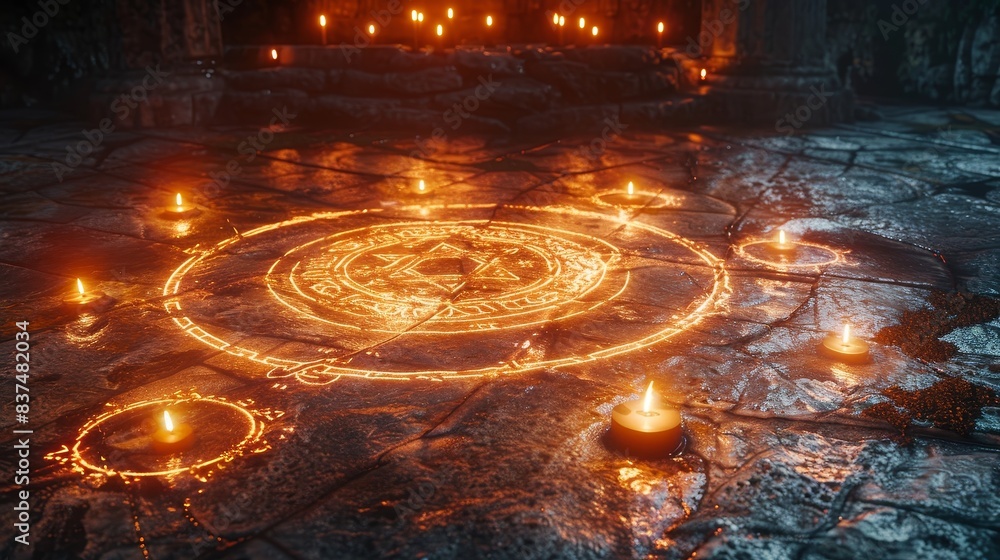 Mysterious glowing magic circle etched into an ancient stone floor, surrounded by dim candlelight, arcane symbols pulsating with energy Mysterious glowing magic circle etched into an ancient stone floor, surrounded by dim candlelight, arcane symbols pulsating with energy