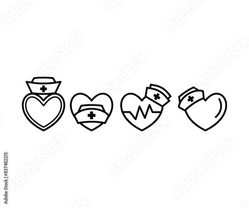 hat medical nurse with heart symbol icon vector design simple line black white flat illustration collections sets 