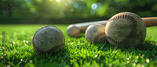 Golf balls and baseball bat on a bright green lawn, detailed and vibrant image photo
