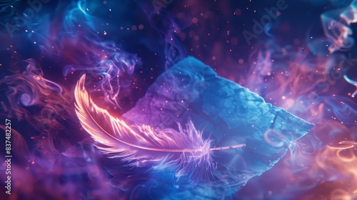 Mystical paper floating in midair, surrounded by swirling blue and purple flames, a feather gently hovering nearby © Alpha