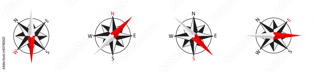 Fototapeta premium Compass icon set. Compass vector icons. Different directions on the compass. Wind rose compass icon on a white background