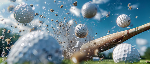 Golf balls midflight after being hit by a baseball bat, action shot on a summer day photo