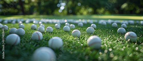 Golf balls scattered on a baseball field, blending sports in a summer setting photo