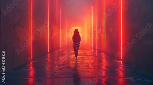 Silhouette of a person walking through a futuristic corridor illuminated by red neon lights, creating a dramatic and mysterious scene, perfect for sci-fi and conceptual projects.  © Yuliia